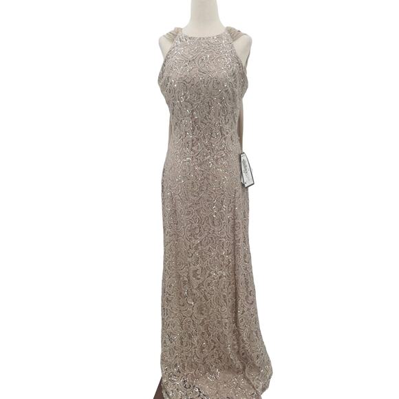 ALEX & EVE SZ 6 M Mauve Flyaway-Back Sequin Lace Halter Maxi Gown NWT B41 *flaw - Picture 3 of 10